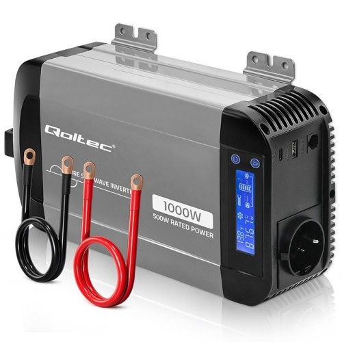 Qoltec Przetwornica napięcia Pure Sine Wave | 12V na 230V | 500/1000W | LCD | USB | USB-C | Kom...