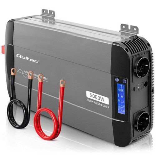 Qoltec Przetwornica napięcia Pure Sine Wave | 12V na 230V | 2500/5000W | LCD | USB | USB-C | Ko...