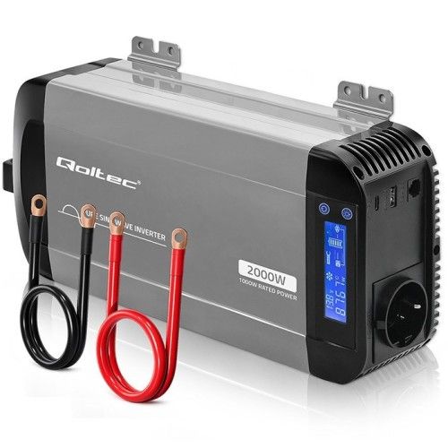 Qoltec Przetwornica napięcia Pure Sine Wave | 12V na 230V | 1000/2000W | LCD | USB | USB-C | Ko...