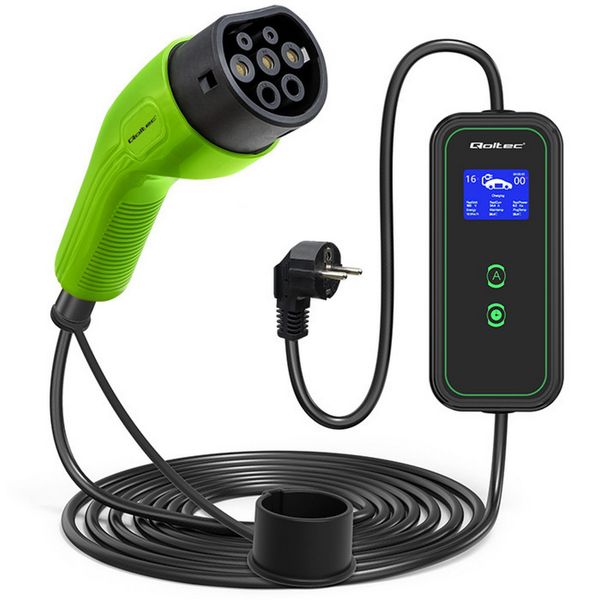 Qoltec Mobilna ładowarka do samochodu elektrycznego EV z regulacją 2w1 Typ2 | 3.5kW | 230V | Wi...
