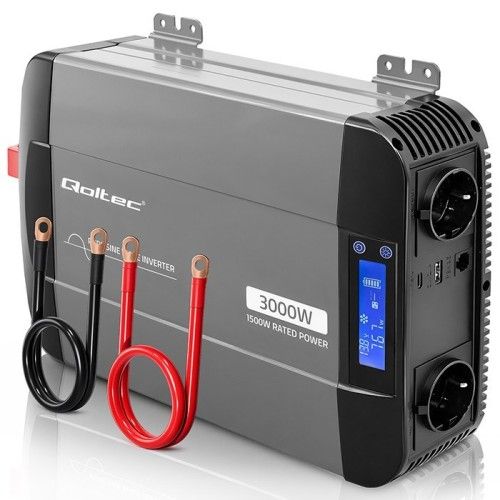 Qoltec Przetwornica napięcia Pure Sine Wave | 12V na 230V | 1500/3000W | LCD | USB | USB-C | Ko...